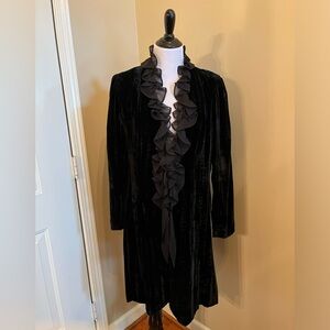 Focus 2000 Vintage Black Crushed Velvet Duster Jacket w/ Chiffon Ruffle Size 12
